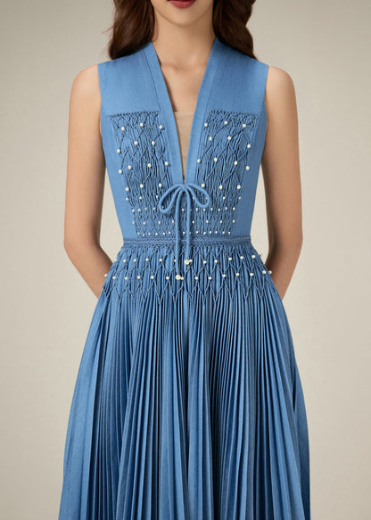 Original Blue V Neck Wrinkled Pearl Denim Long Dress Sleeveless