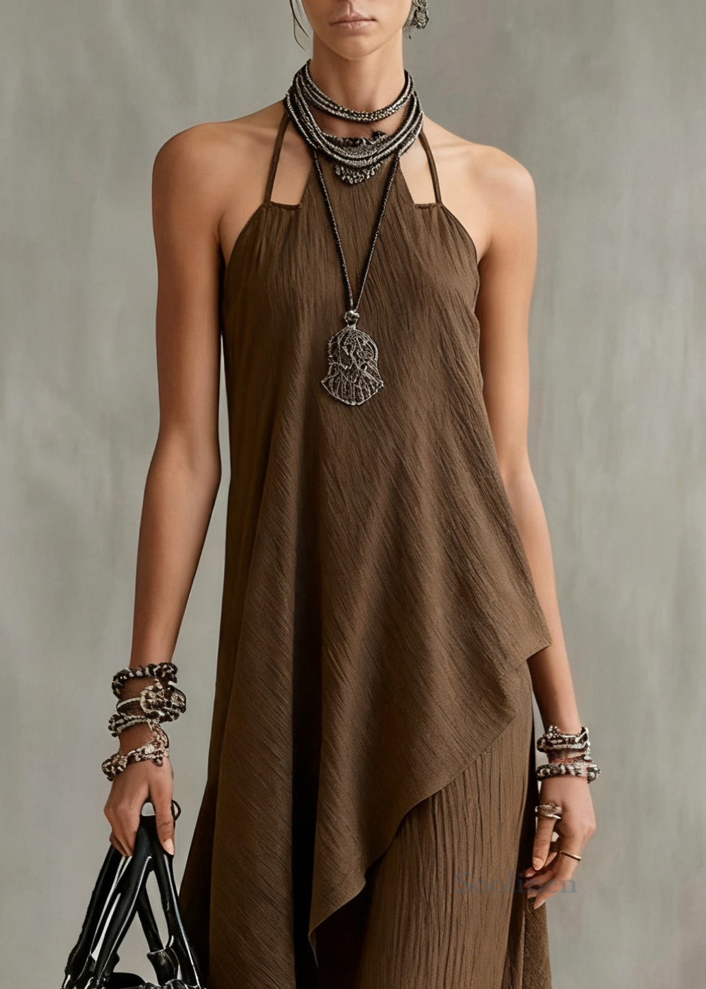 Original Coffee Asymmetrical Tops And Spaghetti Strap Dress Cotton Two Piece Set Sleeveless