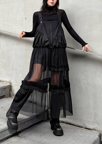 Original Design Black Ruffled Patchwork Tulle Strap Dress