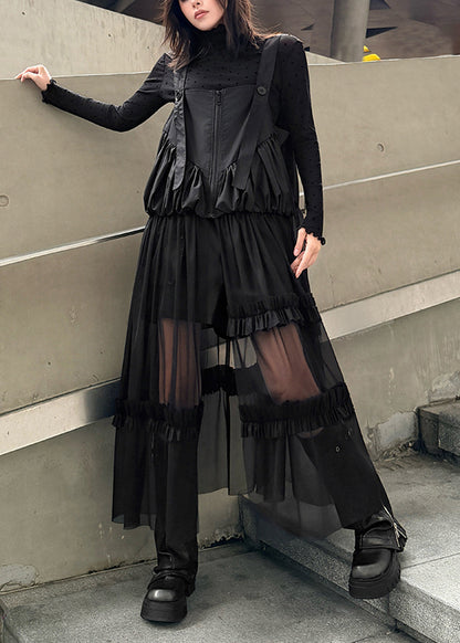 Original Design Black Ruffled Patchwork Tulle Strap Dress