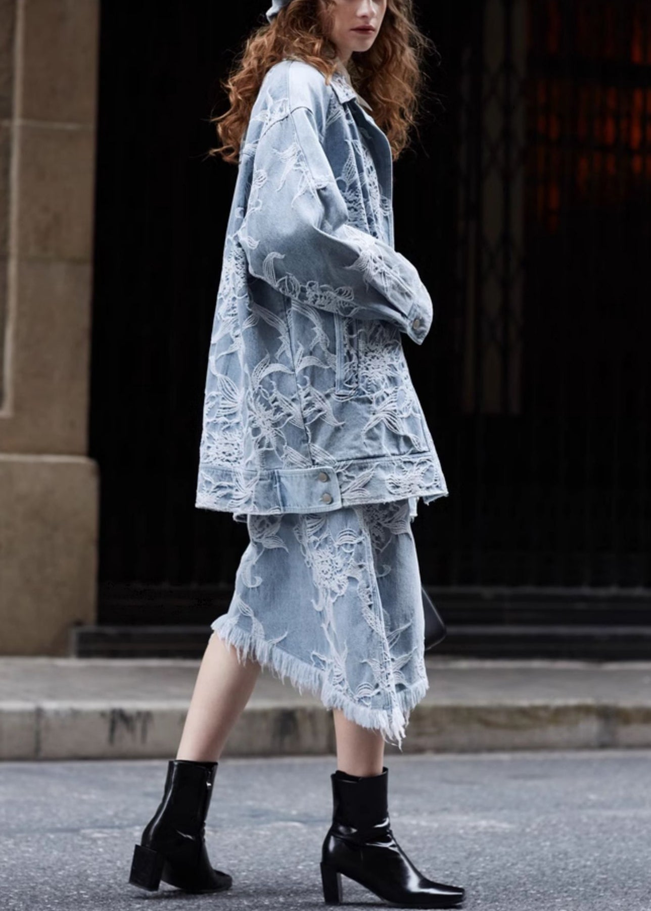Original Design Blue Jacquard Denim Jacket And Skirts Two Pieces Set Fall