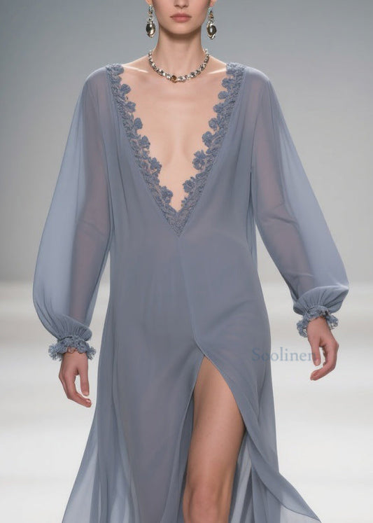 Original Design Blue Lace Side Open Solid Long Dress Lantern Sleeve