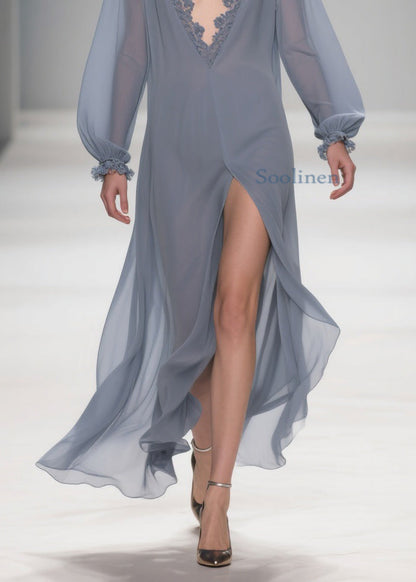 Original Design Blue Lace Side Open Solid Long Dress Lantern Sleeve