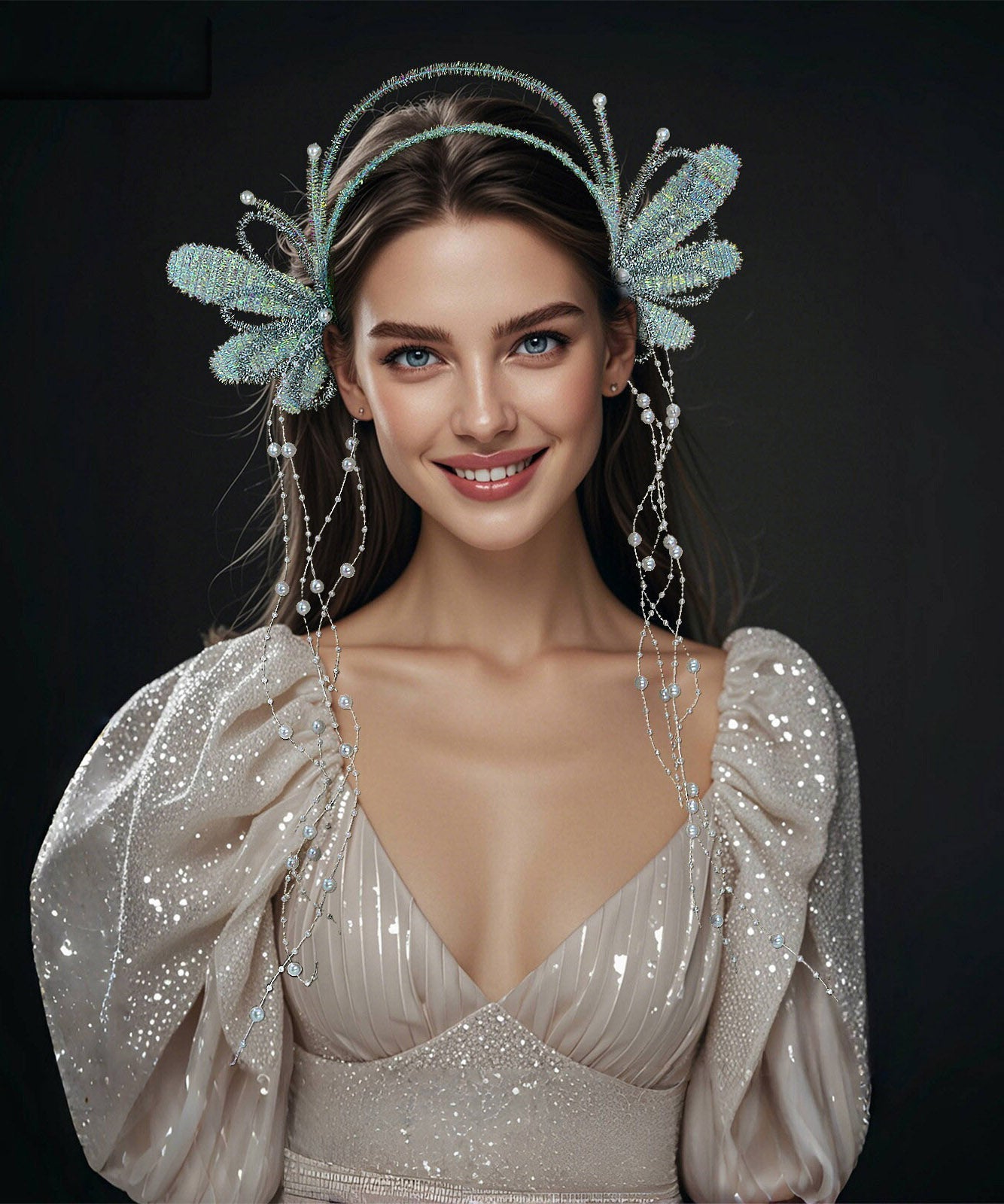 Original Design Blue Pearl Wing Tassel HairPiece