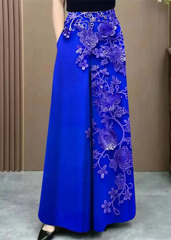 Original Design Blue Print Pockets High Waist Cotton Pants Summer