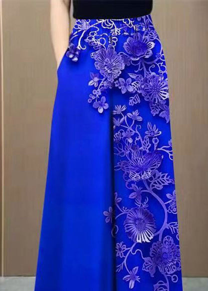 Original Design Blue Print Pockets High Waist Cotton Pants Summer