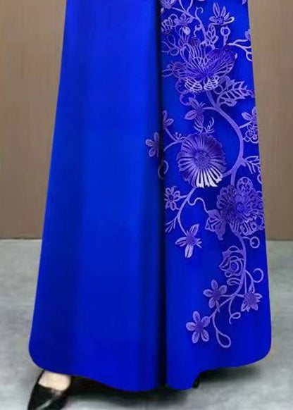 Original Design Blue Print Pockets High Waist Cotton Pants Summer