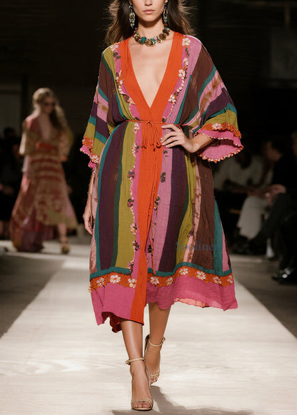 Original Design Colorblock V Neck Floral Cotton Dress Spring