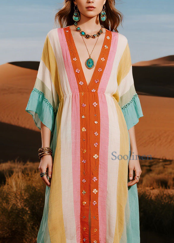 Original Design Colorblock V Neck Floral Cotton Dresses Summer