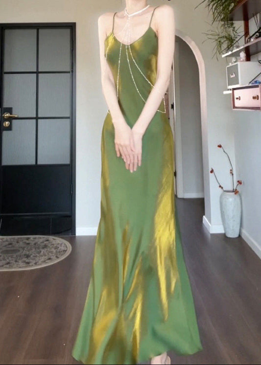 Original Design Green U Neck Solid Silk Long Spaghetti Strap Sundress Sleeveless