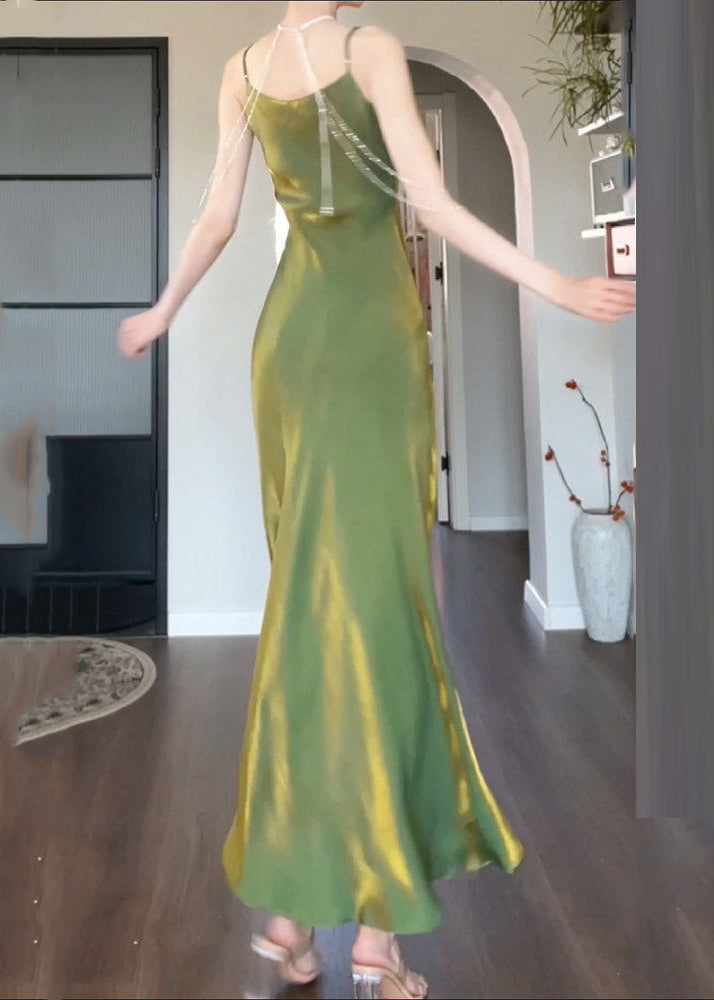 Original Design Green U Neck Solid Silk Long Spaghetti Strap Sundress Sleeveless