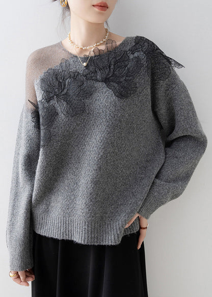 Original Design Grey O-Neck Floral Knit Sweaters Spring