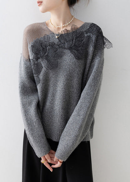 Original Design Grey O-Neck Floral Knit Sweaters Spring