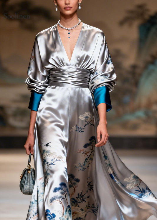 Original Design Grey V Neck Print Patchwork Silk Long Dress