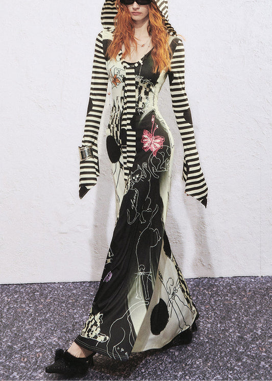 Original Design Hooded Print Cotton Dress Flare Sleeve