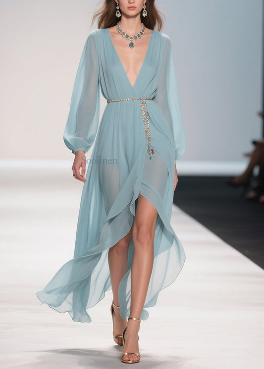 Original Design Pale Mint Blue Low High Design Solid Chiffon Long Dress Spring