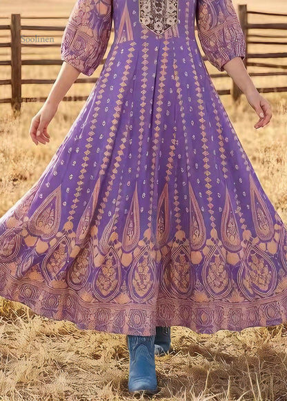 Original Design Purple O Neck Print Exra Large Hem Cotton Dress Summer