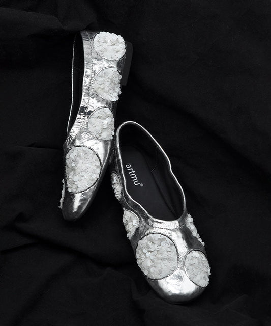Original Design Silver Cowhide Leather Sequins Flat Shoes For Women