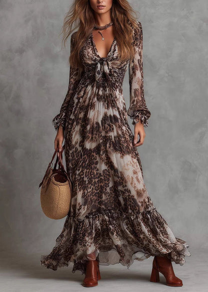 Original Design V Neck Ruffled Print Chiffon Dresses Summer