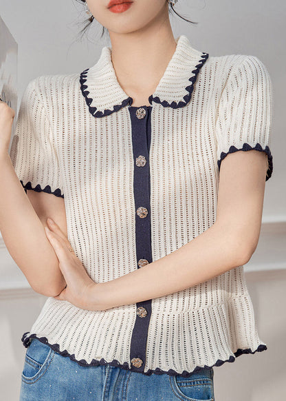 Original Design White Peter Pan Collar Patchwork Knit Top Short Sleeve