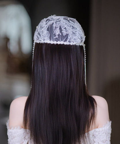 Original Design White Tulle Patchwork Lace Floral Pearl Tassel HairPiece