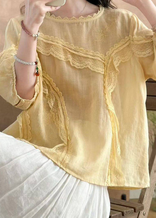 Original Pink Embroidered lace Patchwork Linen Shirts Fall
