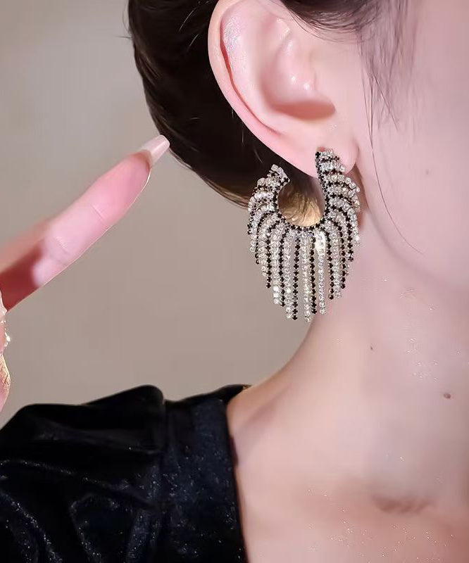 Oversize Copper Zircon Asymmetrical Geometry Tassel Hoop Earrings
