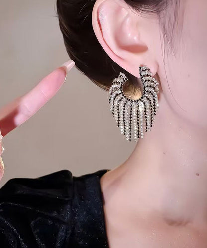Oversize Copper Zircon Asymmetrical Geometry Tassel Hoop Earrings