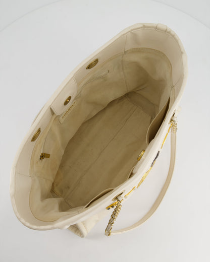 *HOT* Chanel White Small Deauville Tote Bag in Aged Calfskin Leather with Antique Gold Hardware and Pearl, Crystal Logo Detail