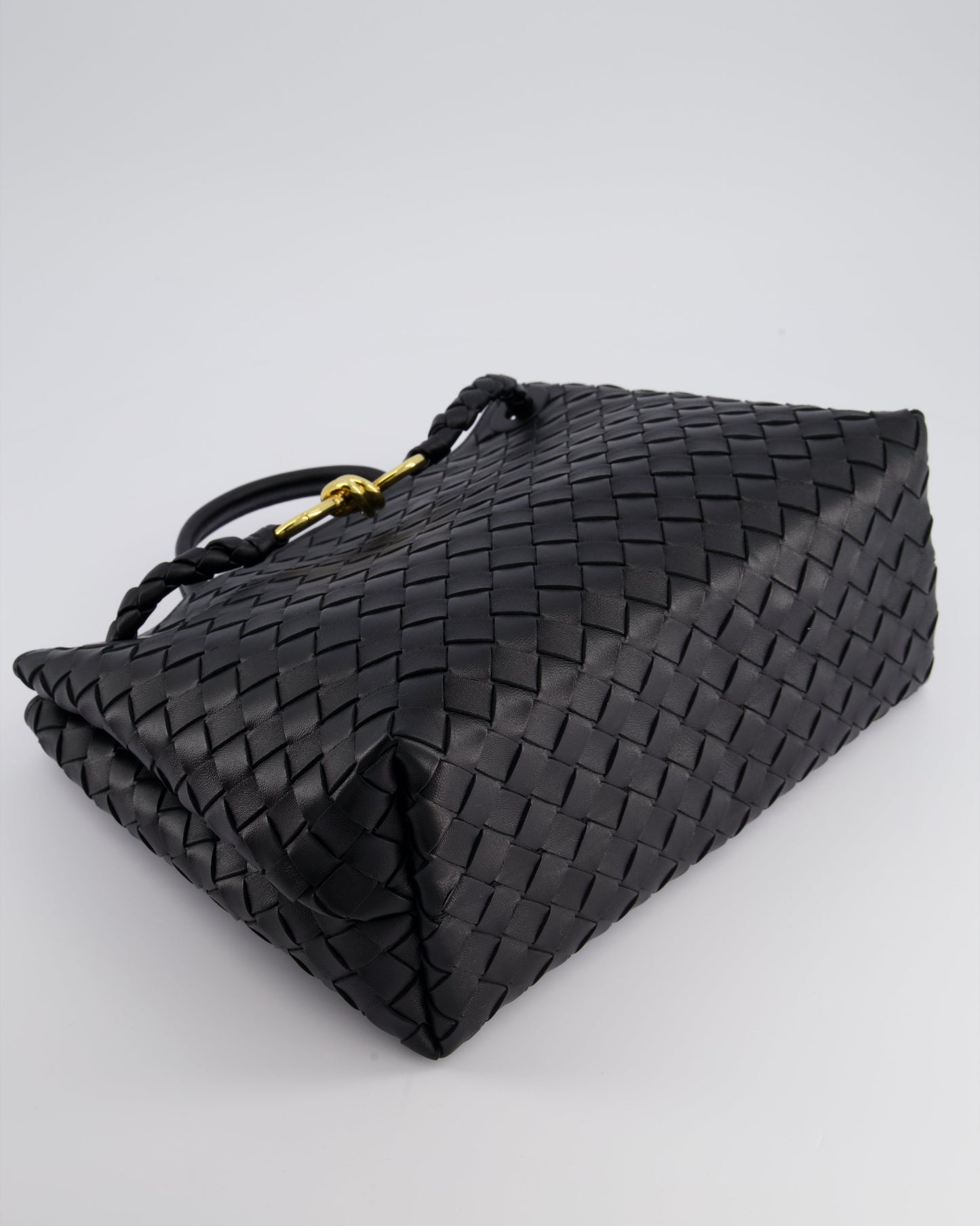 Bottega Veneta Black Andiamo Medium Intrecciato Leather Top Handle Bag with Sliding Cross-Body and Gold Knot Hardware RRP £4,030
