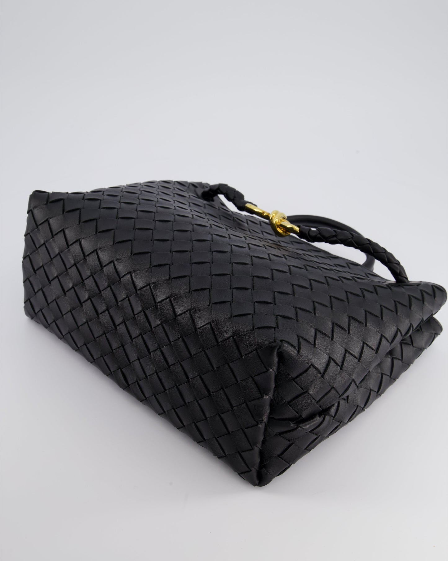 Bottega Veneta Black Andiamo Medium Intrecciato Leather Top Handle Bag with Sliding Cross-Body and Gold Knot Hardware RRP £4,030