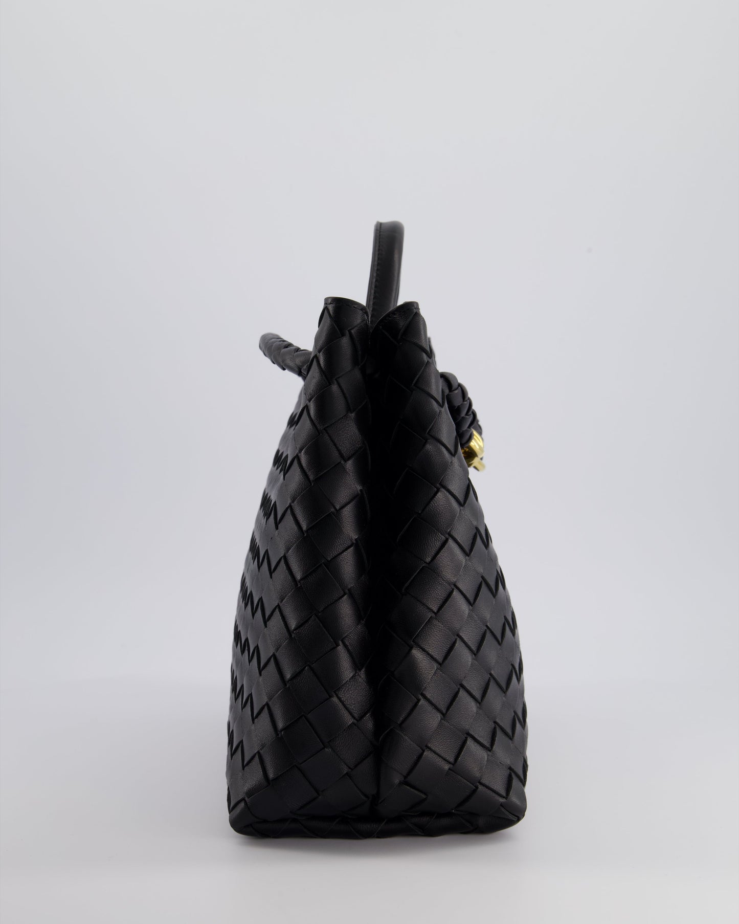 Bottega Veneta Black Andiamo Medium Intrecciato Leather Top Handle Bag with Sliding Cross-Body and Gold Knot Hardware RRP £4,030