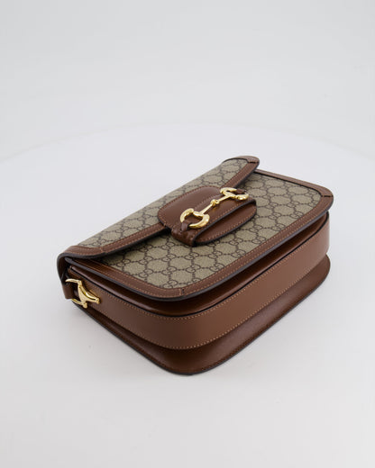 Gucci Horsebit 1955 Medium Shoulder Bag in Beige/Dark Brown GG Supreme Monogram Canvas & Brown Leather Trim with Gold Hardware RRP £2,400