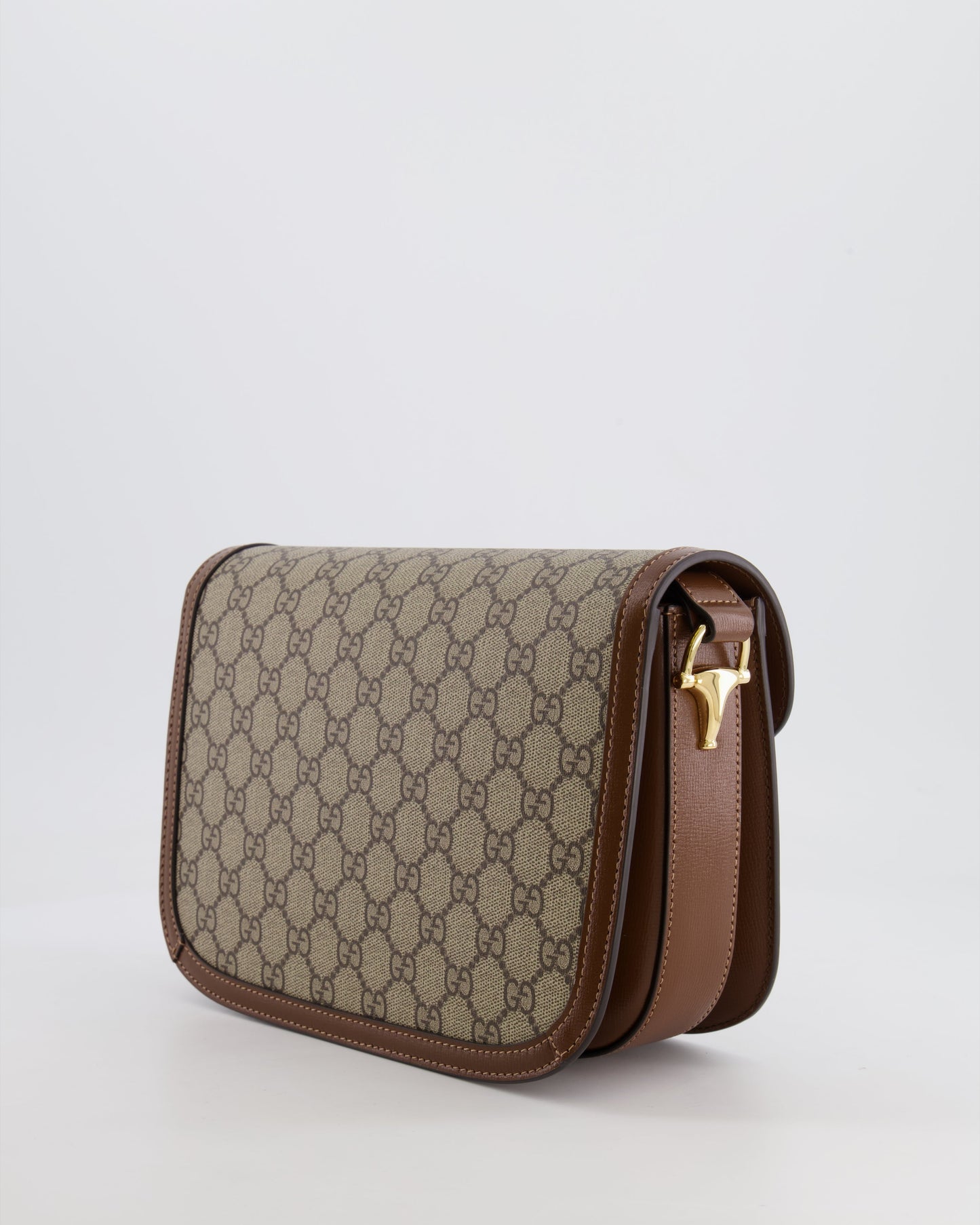 Gucci Horsebit 1955 Medium Shoulder Bag in Beige/Dark Brown GG Supreme Monogram Canvas &amp; Brown Leather Trim with Gold Hardware RRP £2,400