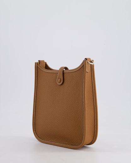 Hermès Mini Evelyne 16 Bag in Gold Clemence Leather with Palladium Hardware and Gold Sangle Strap