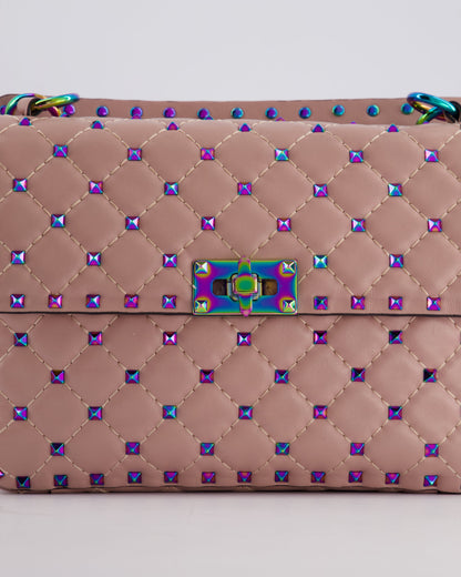 Valentino Pink Medium Rockstud Spike Top Handle Bag in Calfskin Leather with Rainbow Studs & Chain Detail RRP £2,450