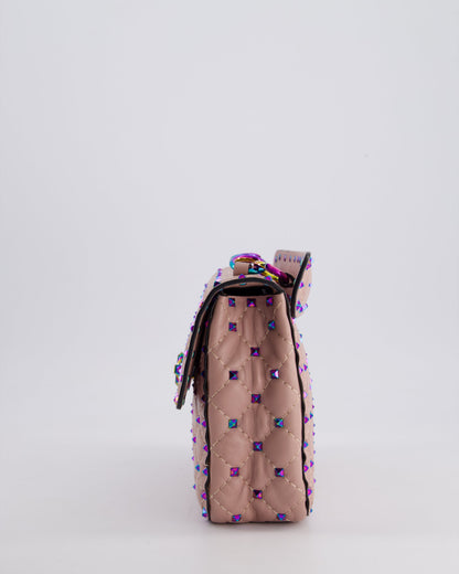 Valentino Pink Medium Rockstud Spike Top Handle Bag in Calfskin Leather with Rainbow Studs & Chain Detail RRP £2,450