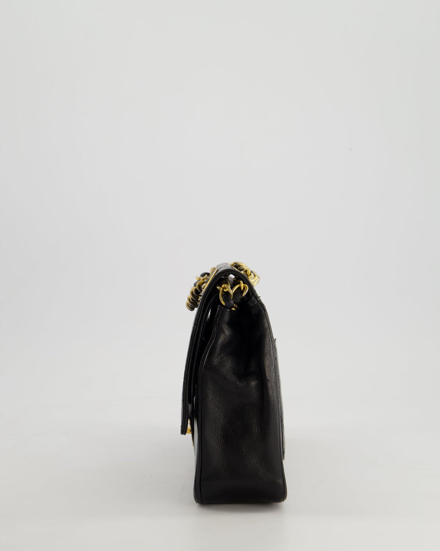 Chanel Vintage Black Classic Medium Stitched Edge Double Flap Bag in Lambskin Leather with 24K Gold Hardware