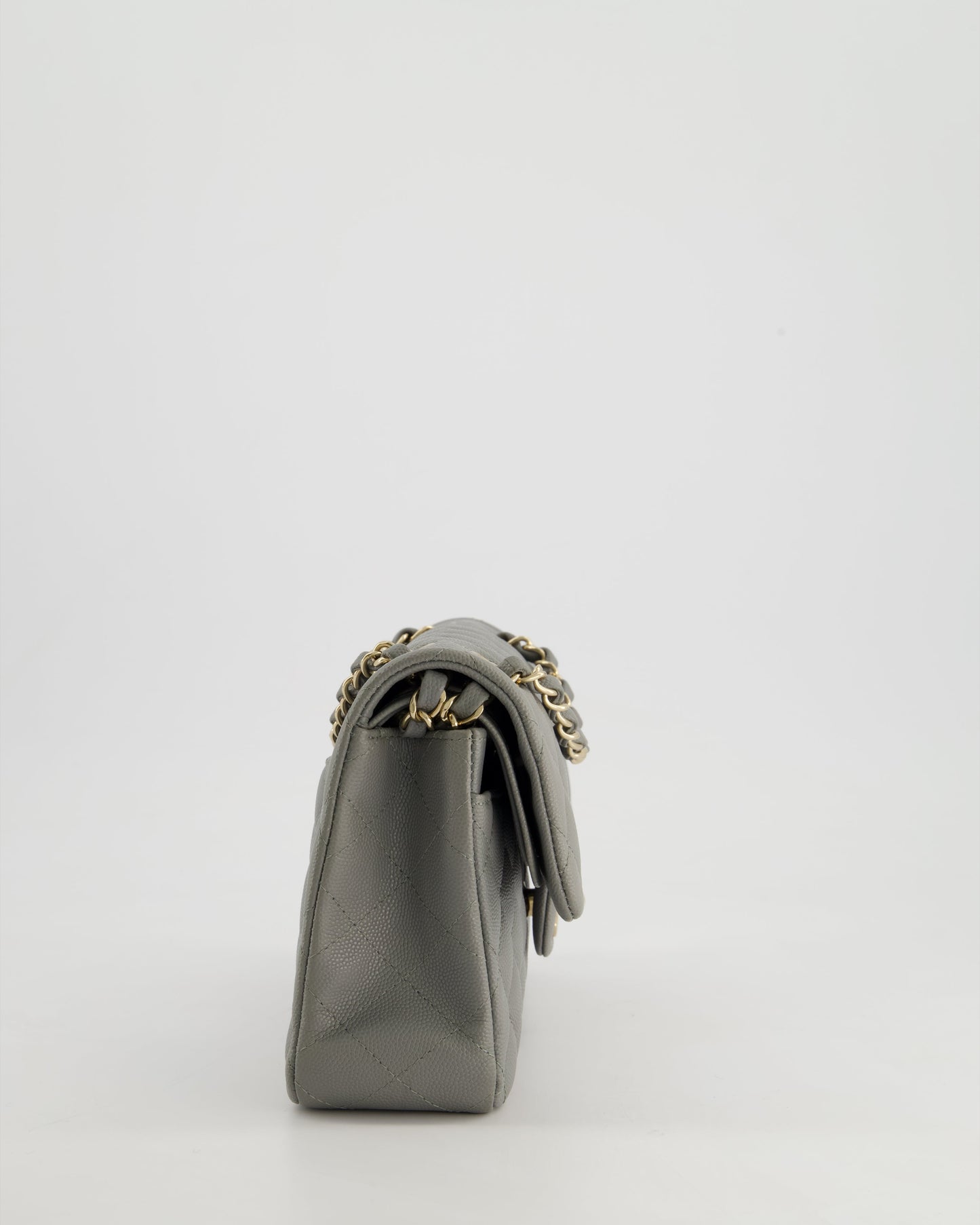 *HOT & RARE* Chanel Stone Grey Small Classic Double Flap Bag in Caviar Leather with Champagne Gold Hardware