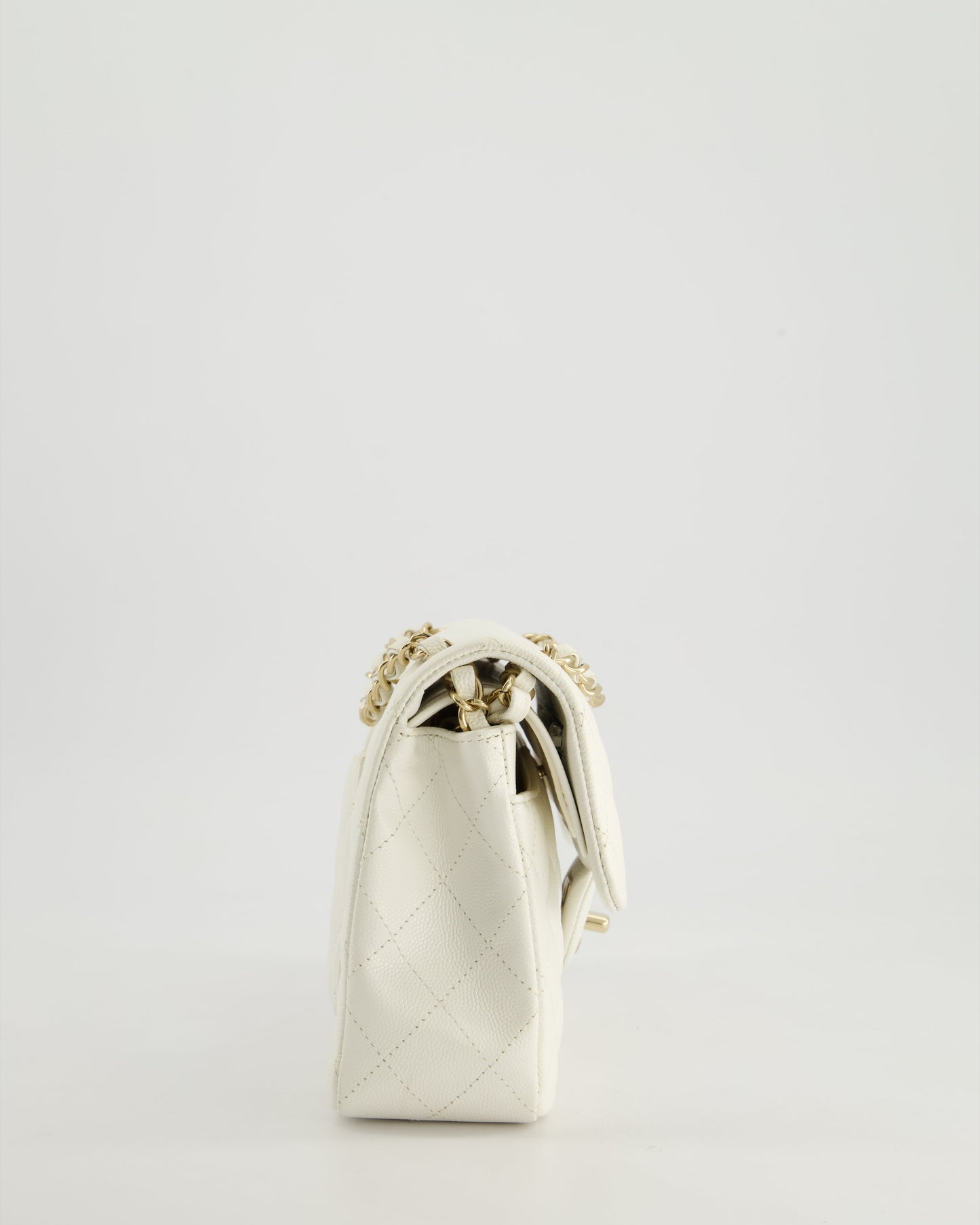 *HOT & RARE* Chanel White Small Classic Double Flap Bag in Caviar Leather with Champagne Gold Hardware