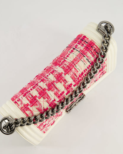 Chanel White and Pink Medium Boy Bag in Patent Leather and Tweed with Ruthenium Hardware