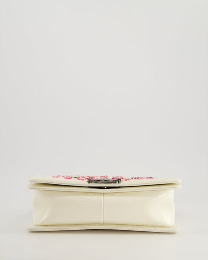 Chanel White and Pink Medium Boy Bag in Patent Leather and Tweed with Ruthenium Hardware