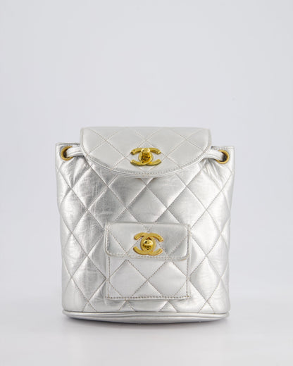 *RARE* Chanel Metallic Silver Vintage Mini Duma Backpack Bag in Lambskin Leather with 24K Gold Hardware