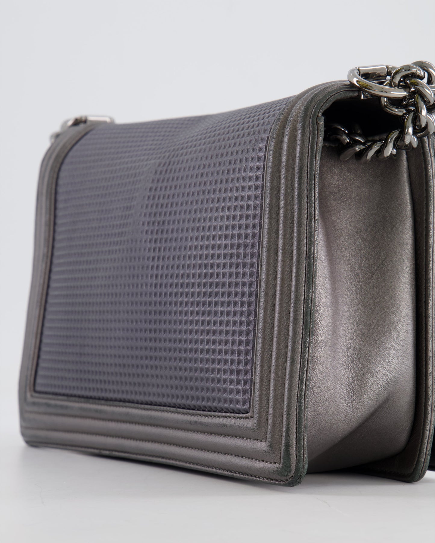 Chanel Grey Silver Medium Cube Calfskin Boy Bag with Silver, Gold and Red Hardware Hardware