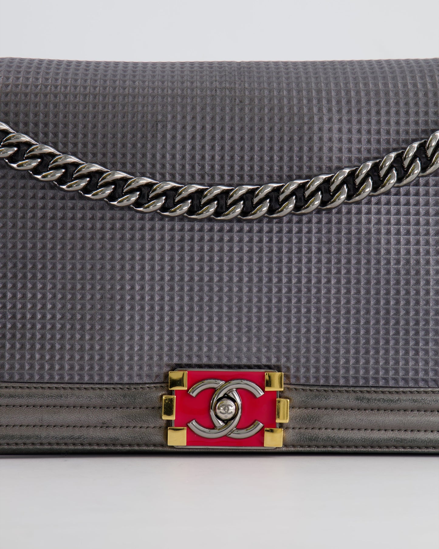 Chanel Grey Silver Medium Cube Calfskin Boy Bag with Silver, Gold and Red Hardware Hardware
