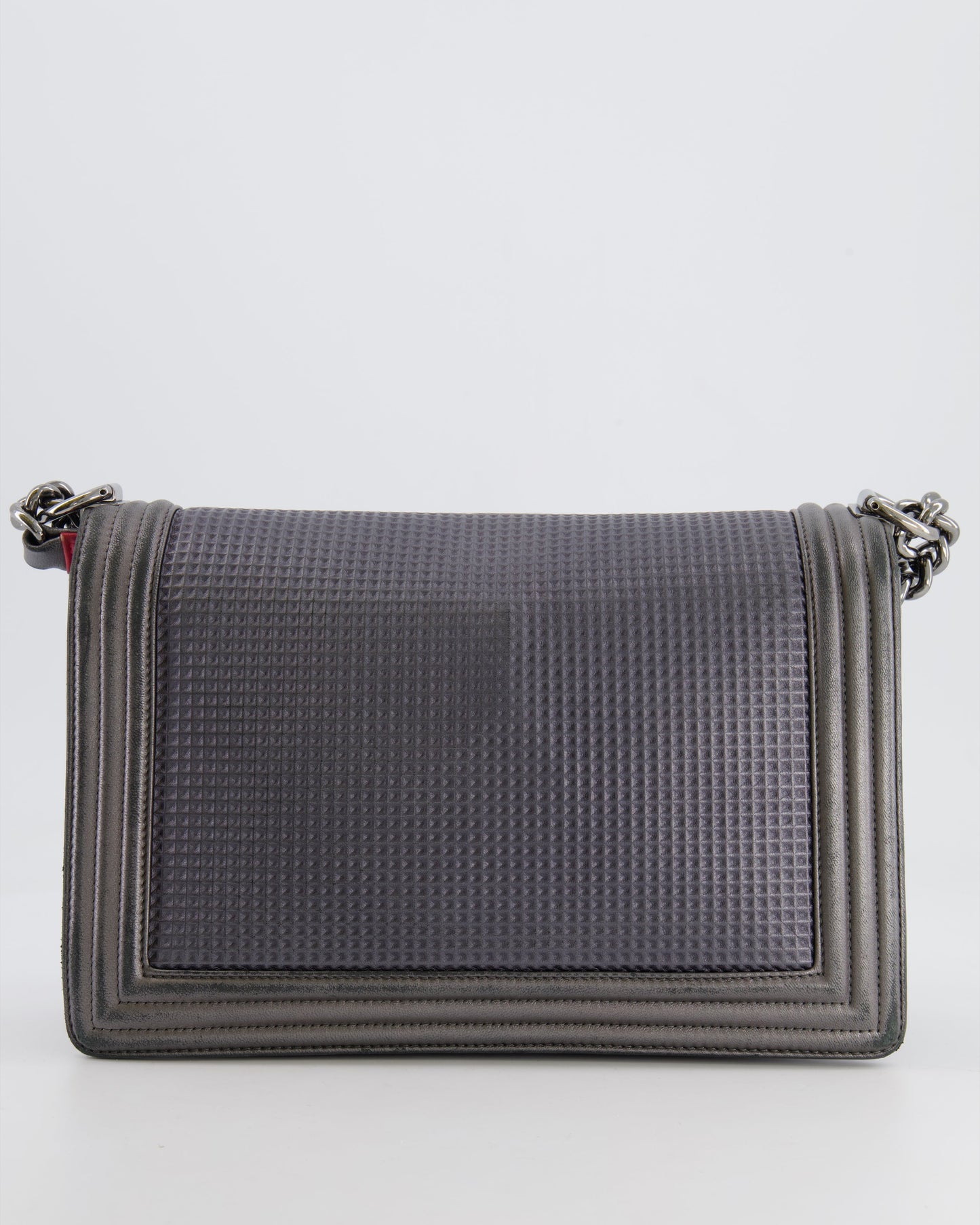 Chanel Grey Silver Medium Cube Calfskin Boy Bag with Silver, Gold and Red Hardware Hardware