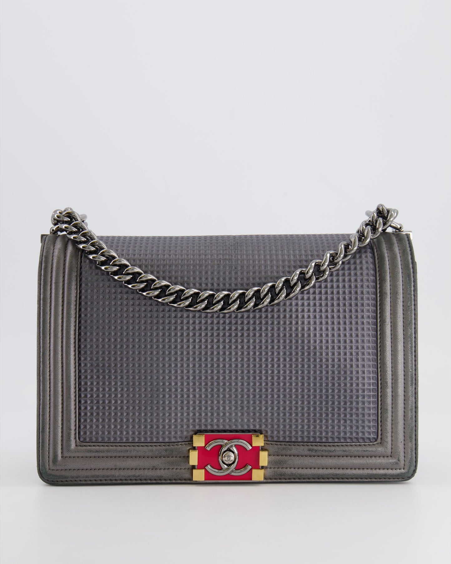 Chanel Grey Silver Medium Cube Calfskin Boy Bag with Silver, Gold and Red Hardware Hardware