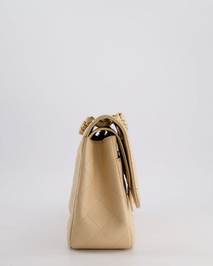Chanel Beige Jumbo Classic Double Flap Bag in Caviar Leather with Gold Hardware