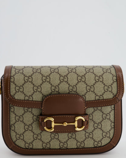 Gucci Horsebit 1955 Small Shoulder Bag in Beige/Dark Brown GG Supreme Monogram Canvas & Brown Leather Trim with Gold Hardware RRP £2,400