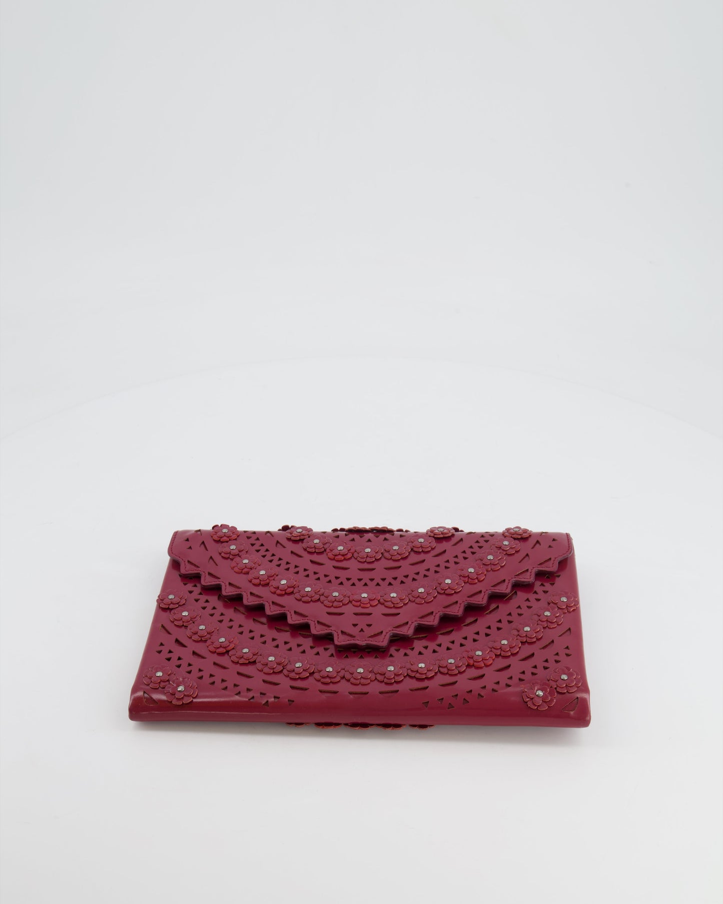Alaïa Burgundy Patent Leather Floral Oum Clutch Bag with Silver Hardware RRP £2,200